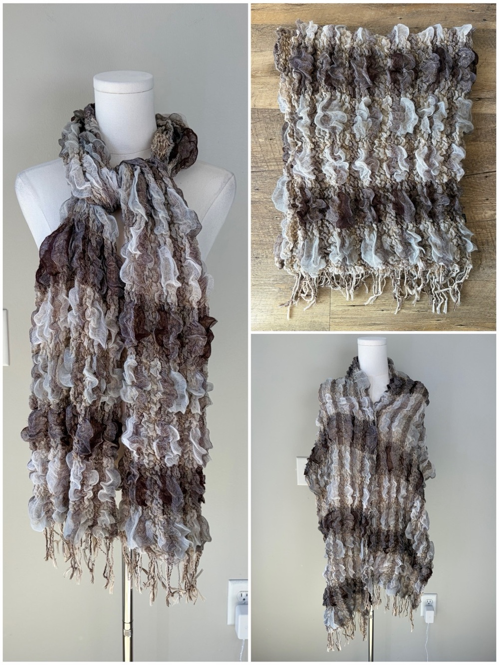 Ultra Soft 3D Stripe Textured Bamboo Fiber Fringe Trim Scarf Artsy Boho Rustic
